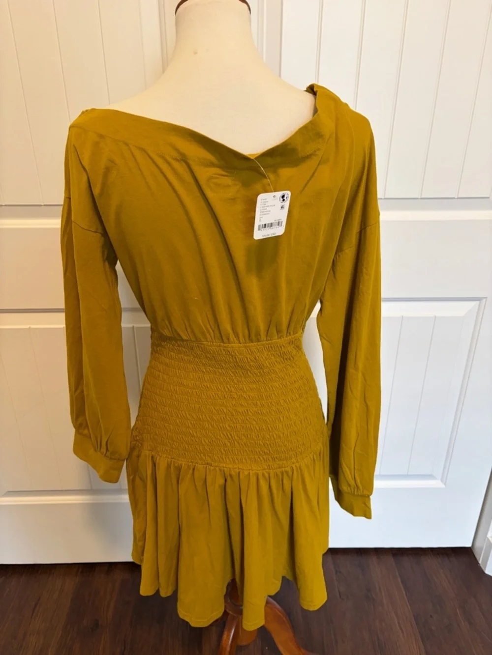 Free People Mustard Long Sleeve Smocked-Waist Dress